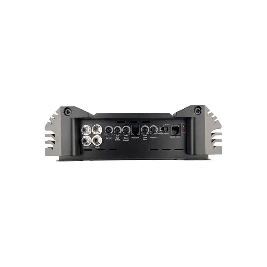 Car monoblock amplifier rear inputs with RCA jacks and remote bass control port
