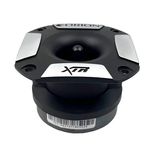 Black bullet tweeter front view with XTR logo, ORION badge, and mounting holes