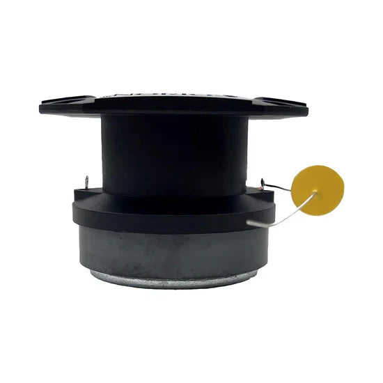 Black bullet tweeter side view with round mounting base and exposed terminals
