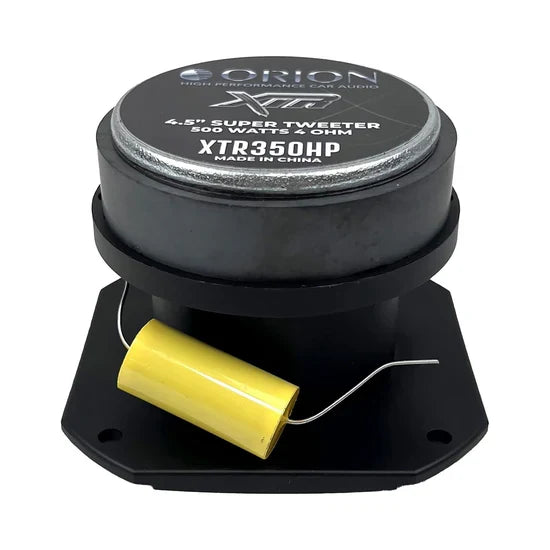 Black bullet tweeter with yellow capacitor-style component on base, ORION text