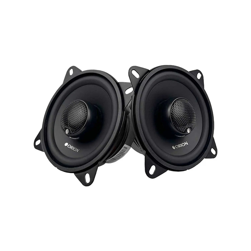 4-inch 2-way coaxial car speakers, black, front view with mesh tweeters and mounting holes