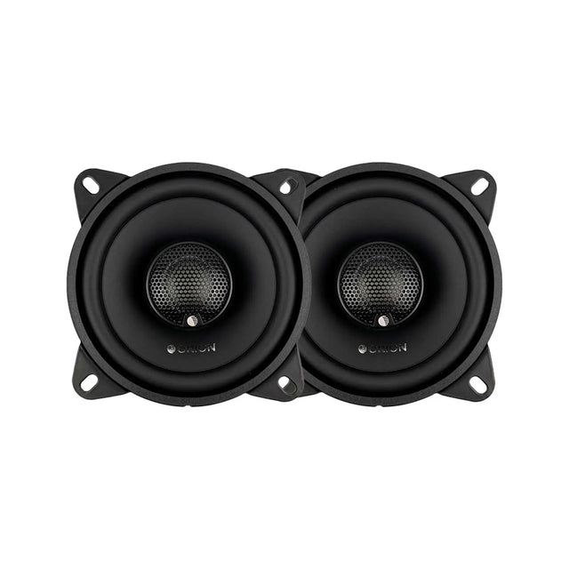 4-inch 2-way coaxial car speakers, black, front view showing two speaker grilles and tweeters