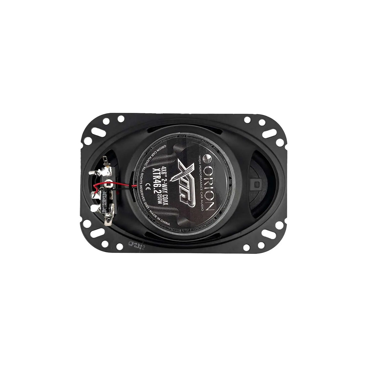 Orion 4x6" coaxial speaker, rear view with terminals and mounting plate