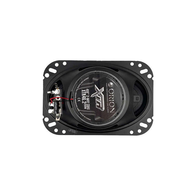Orion 4x6" coaxial speaker, rear view with terminals and mounting plate