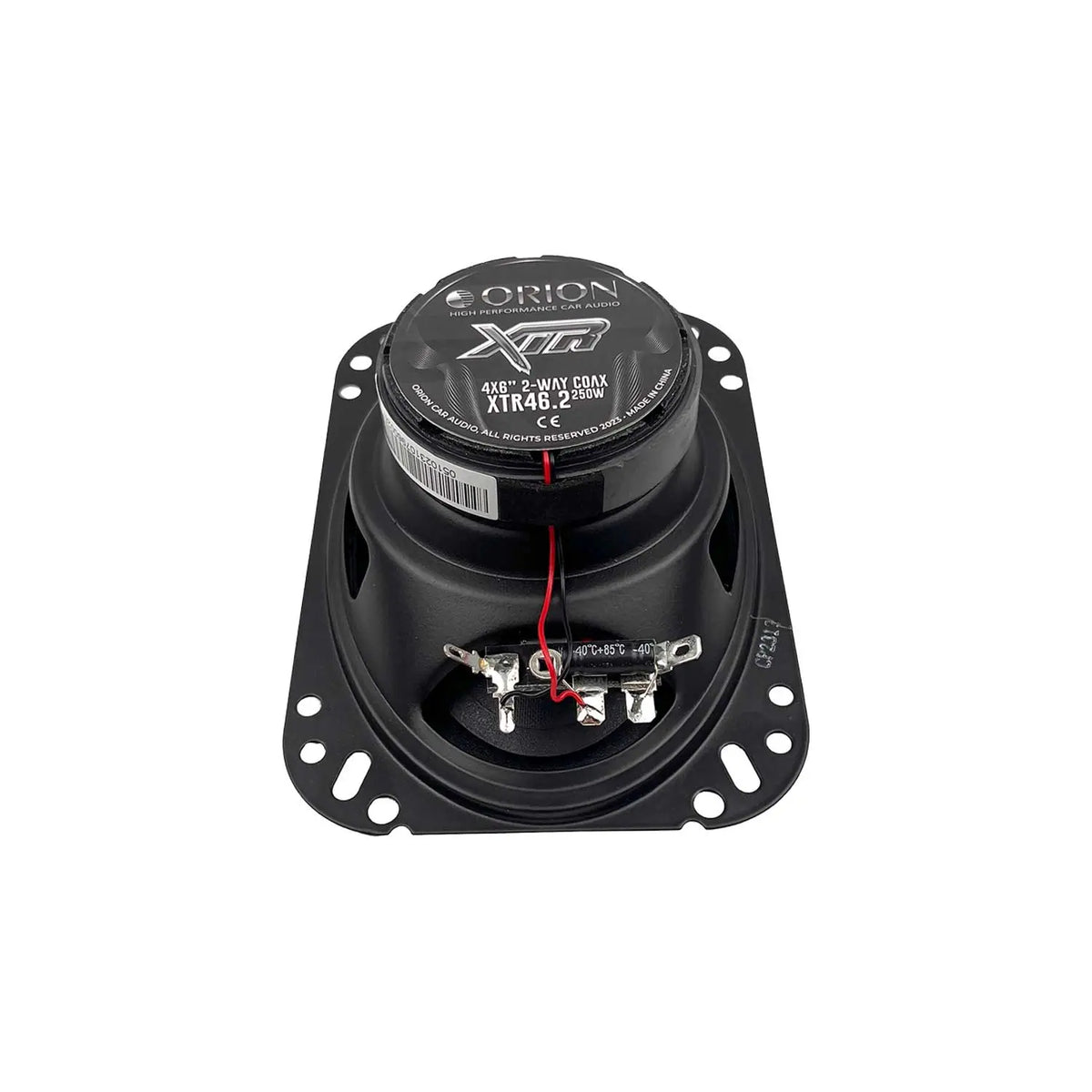 Orion 4x6" coaxial speaker, front view with black cone and binding terminals