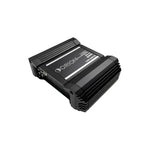 Black monoblock car amplifier angled view with heatsink fins and front label