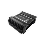 Black monoblock car amplifier top view with central label and cooling fins