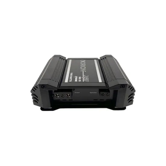 Car audio monoblock amplifier rear panel with ports and controls on black housing