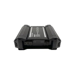 Car audio monoblock amplifier rear panel with ports and controls on black housing