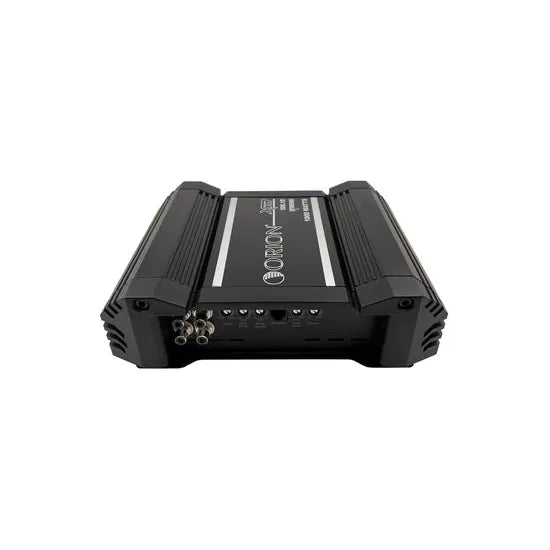 Car audio monoblock amplifier rear view with visible input and output connectors