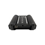 Car audio monoblock amplifier rear view with visible input and output connectors