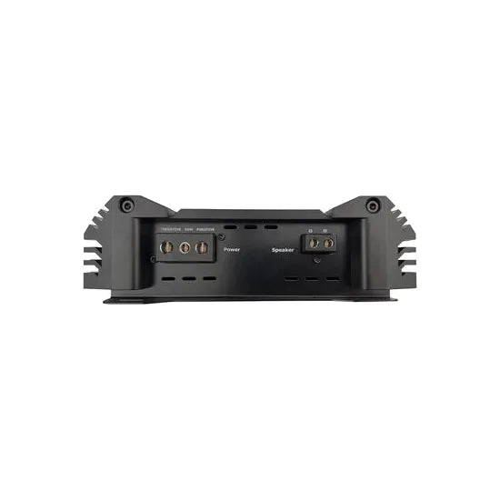 Car audio monoblock amplifier side view showing control ports and terminal openings