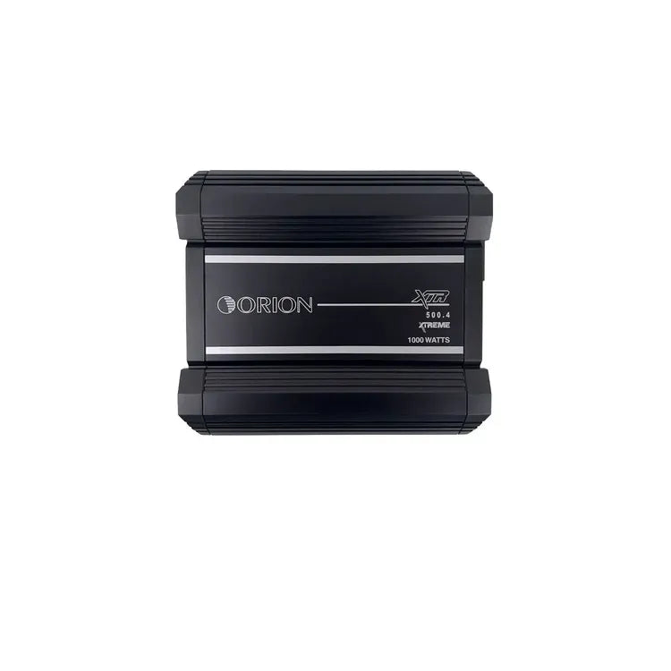 Black Orion 4-channel amplifier with front branding and power rating label