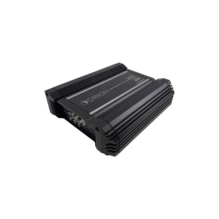 Compact black 4-channel amplifier unit with vented casing and Orion logo