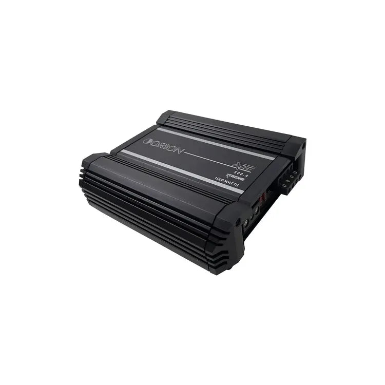 Black 4-channel amplifier with top heat-sink fins and Orion model label