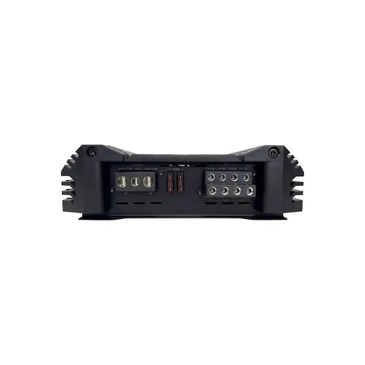 Black 4-channel amplifier rear panel with terminal blocks and connection ports