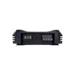 Black 4-channel amplifier rear panel with terminal blocks and connection ports