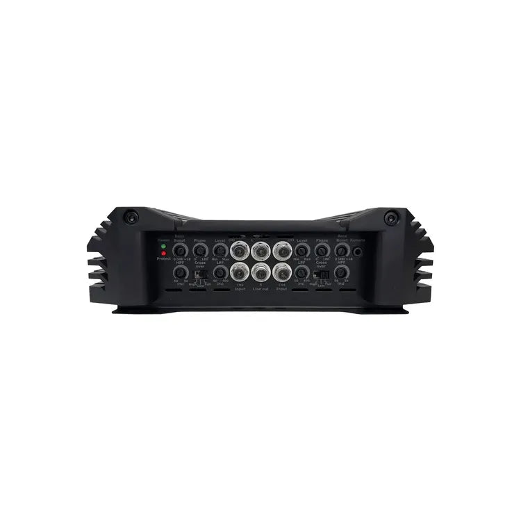 Black 4-channel amplifier rear panel with RCA and control connection jacks