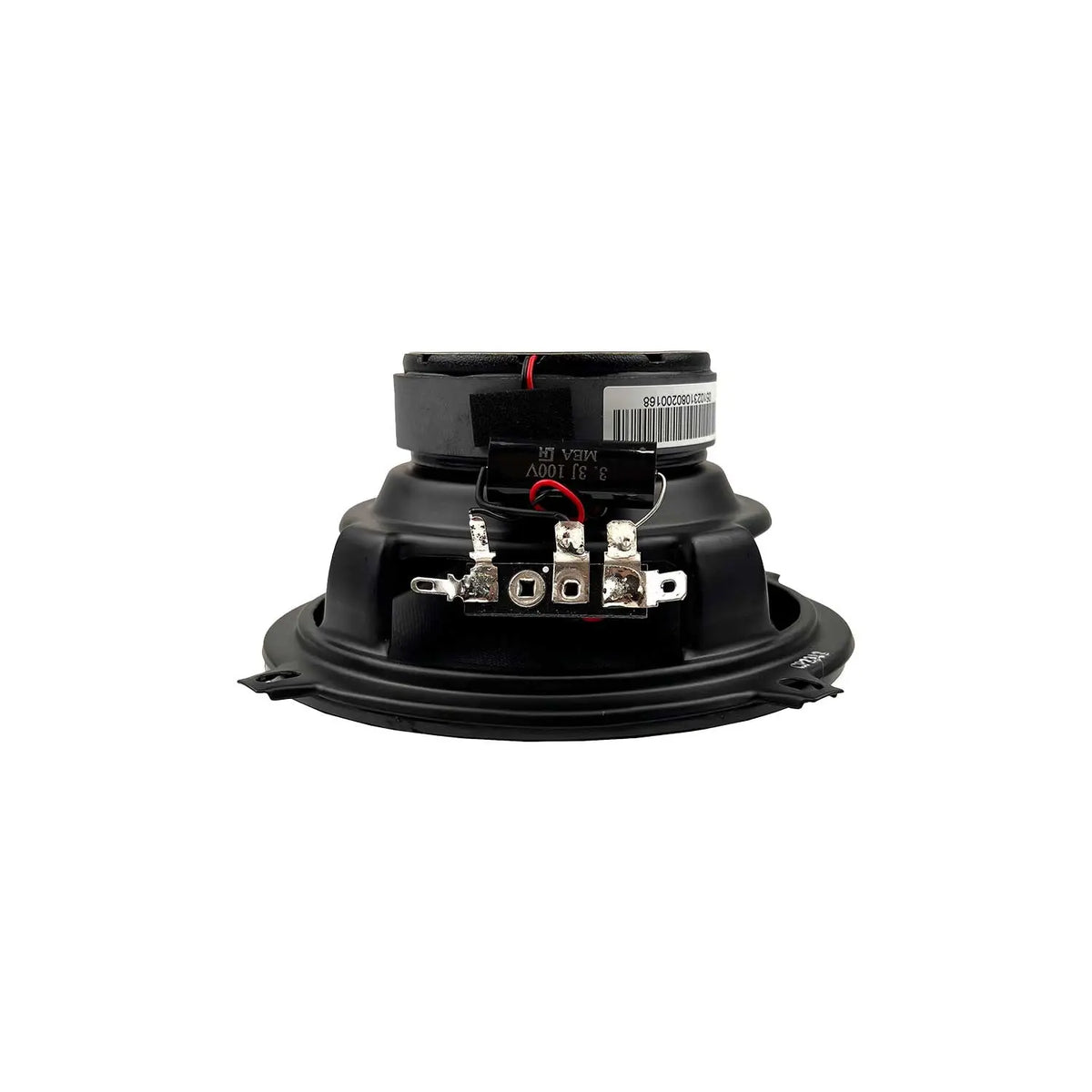 Orion coaxial speaker, back view with metal connector terminals and wiring