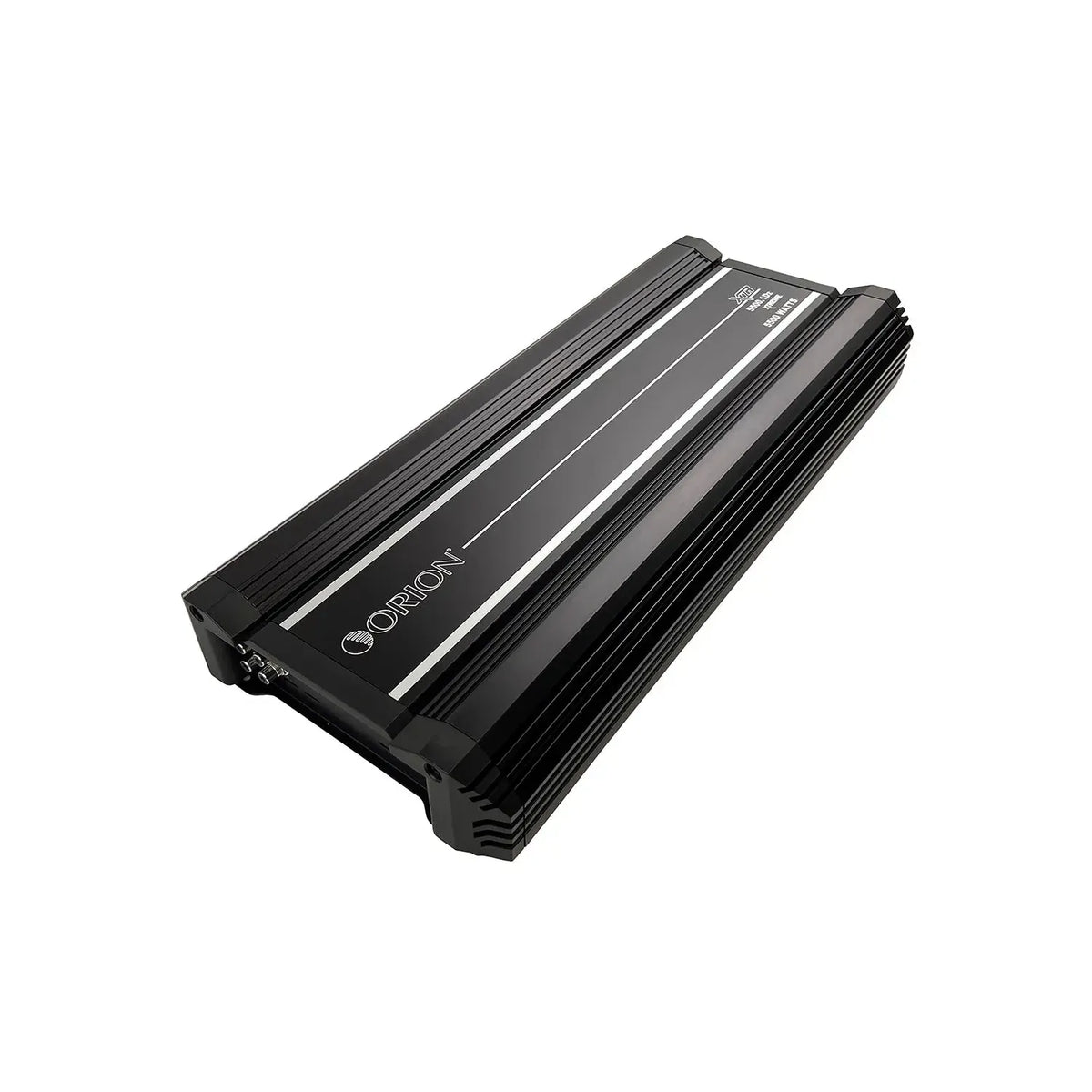 Black Orion monoblock amplifier angled end view with top ridge details