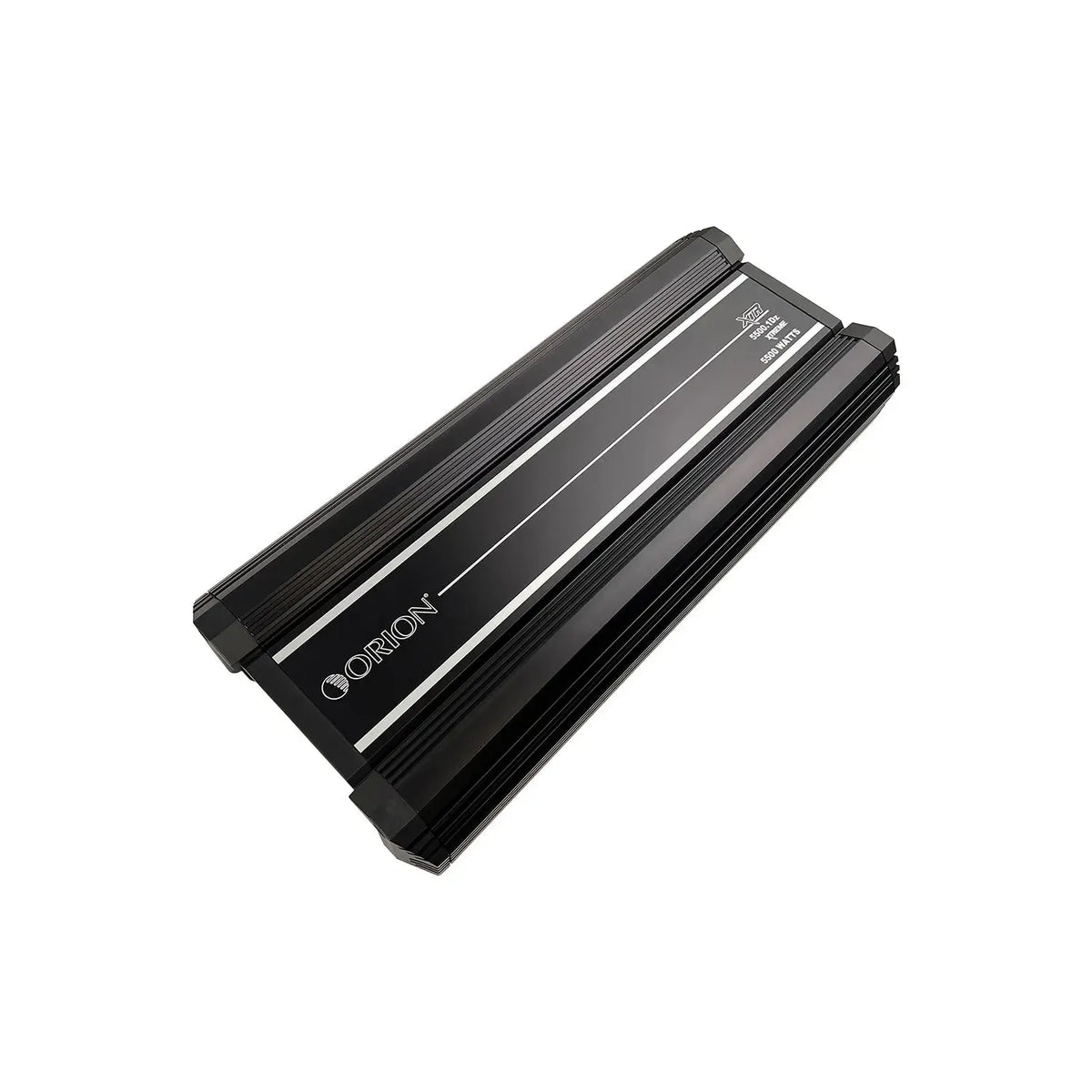 Black Orion monoblock amplifier top view with center badge and striped heat sink