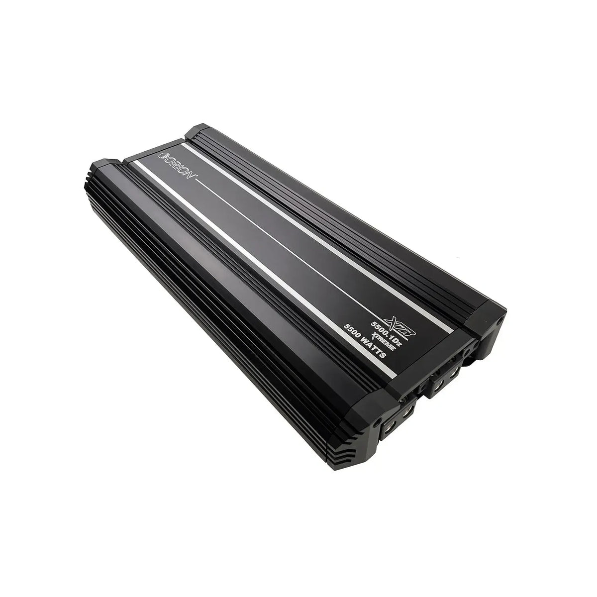 Black Orion monoblock amplifier angled side view with striped top heat sink