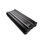 Black Orion monoblock amplifier angled side view with striped top heat sink