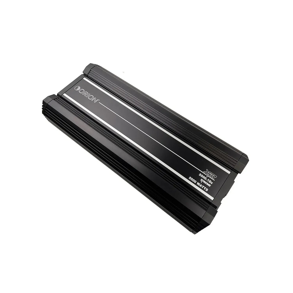Black Orion class-D monoblock amplifier angled view, vented heat-sink style casing