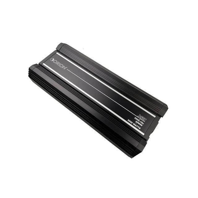 Black Orion class-D monoblock amplifier angled view, vented heat-sink style casing