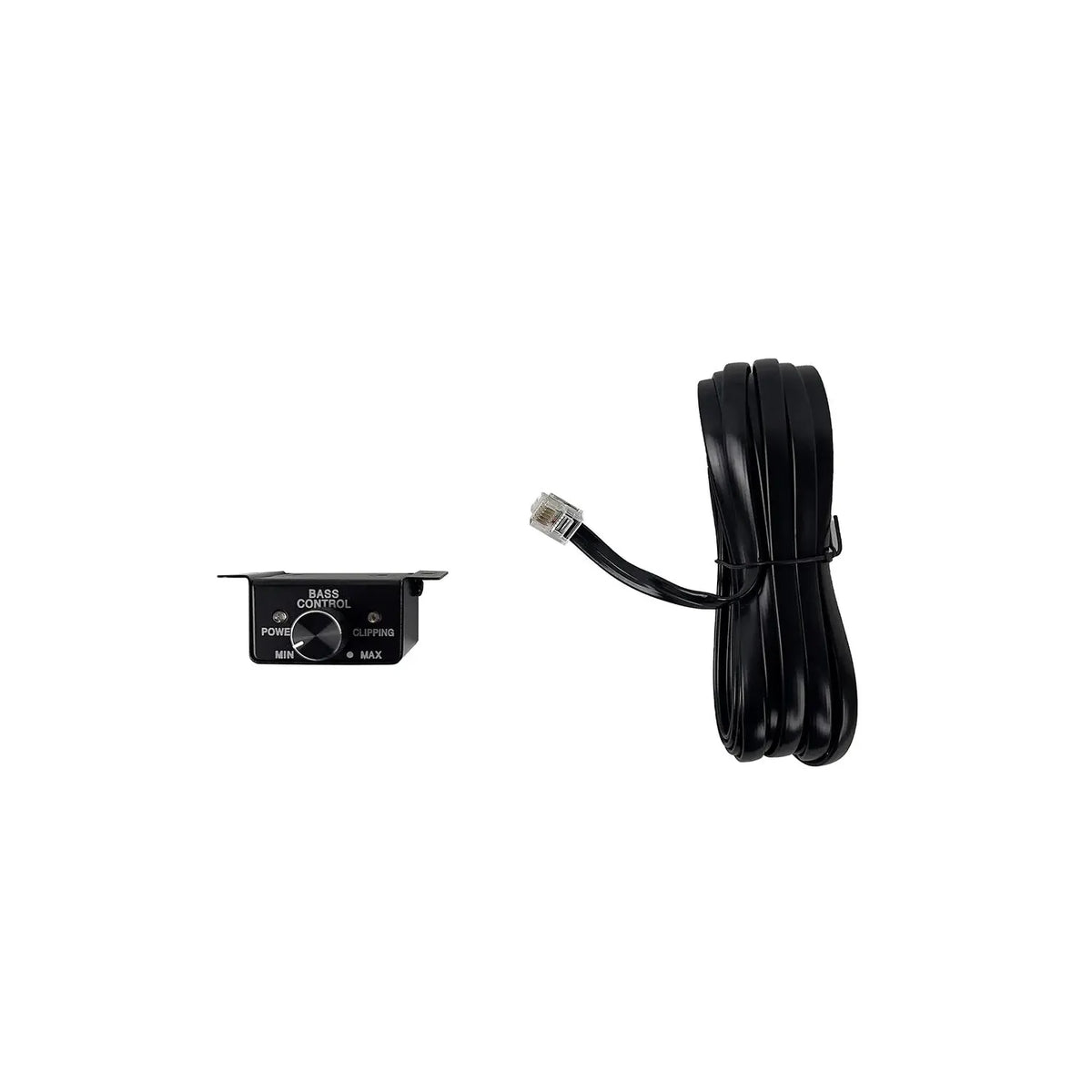 Car audio amplifier control module with attached Ethernet-style cable, black