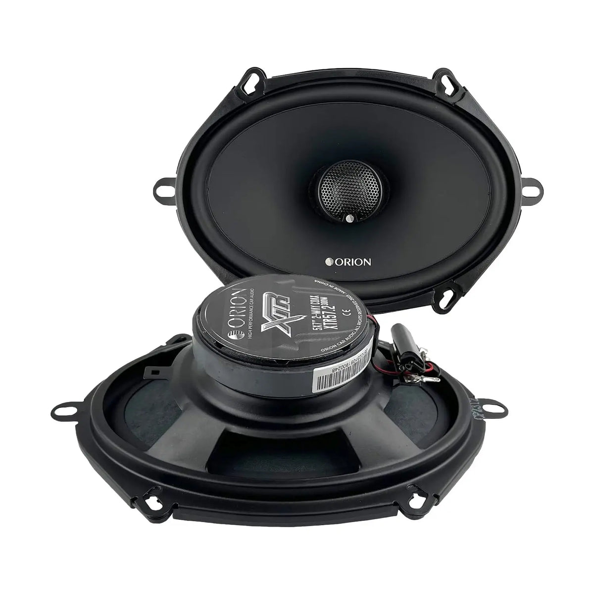 Black coaxial car speaker with tweeter and woofer, ORION branding and terminals