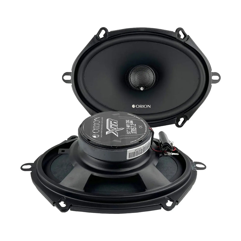 Black coaxial car speaker with tweeter and woofer, ORION branding and terminals