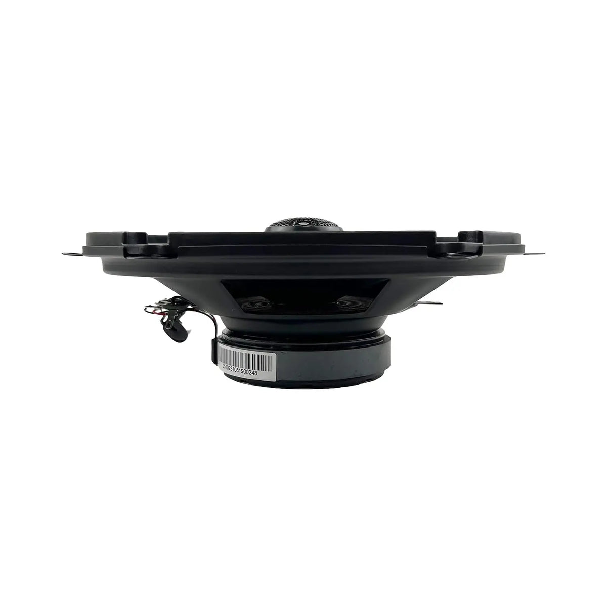 Black coaxial car speaker underside view with mounting frame and wiring leads