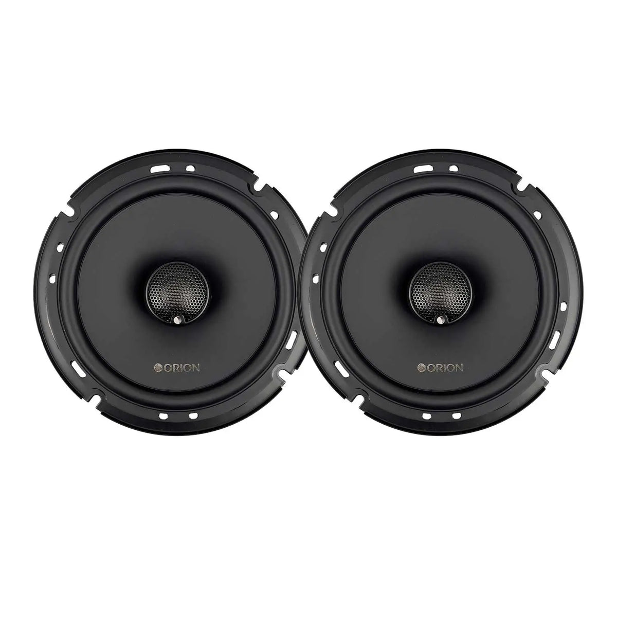Orion 6.5 in coaxial shallow speakers, black, front grille view (pair)