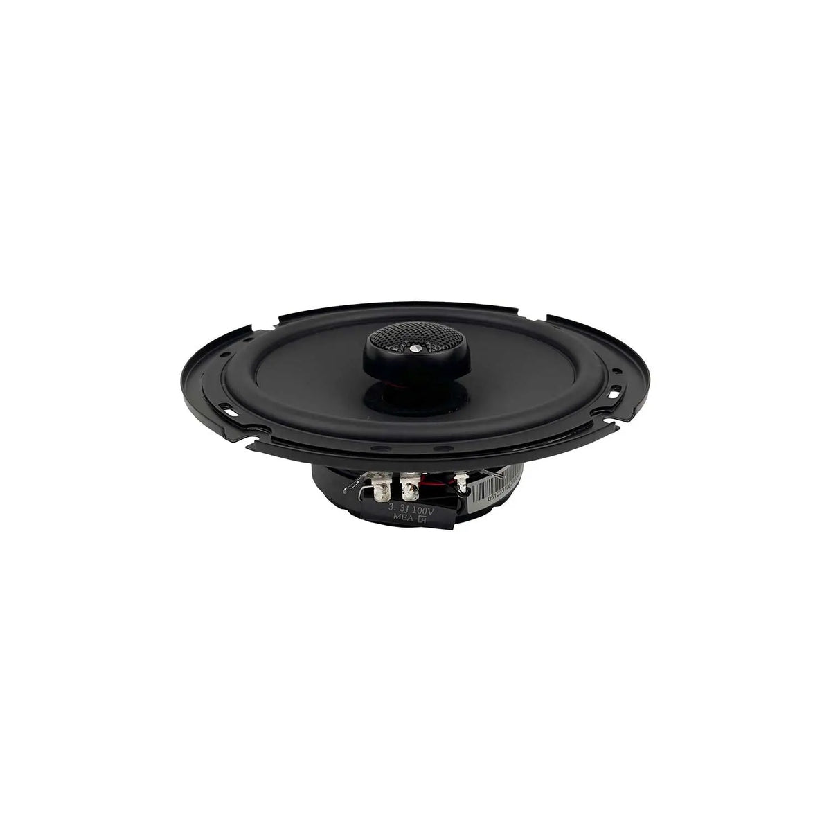 Orion 6.5 in coaxial shallow speaker, black, side view with tweeter