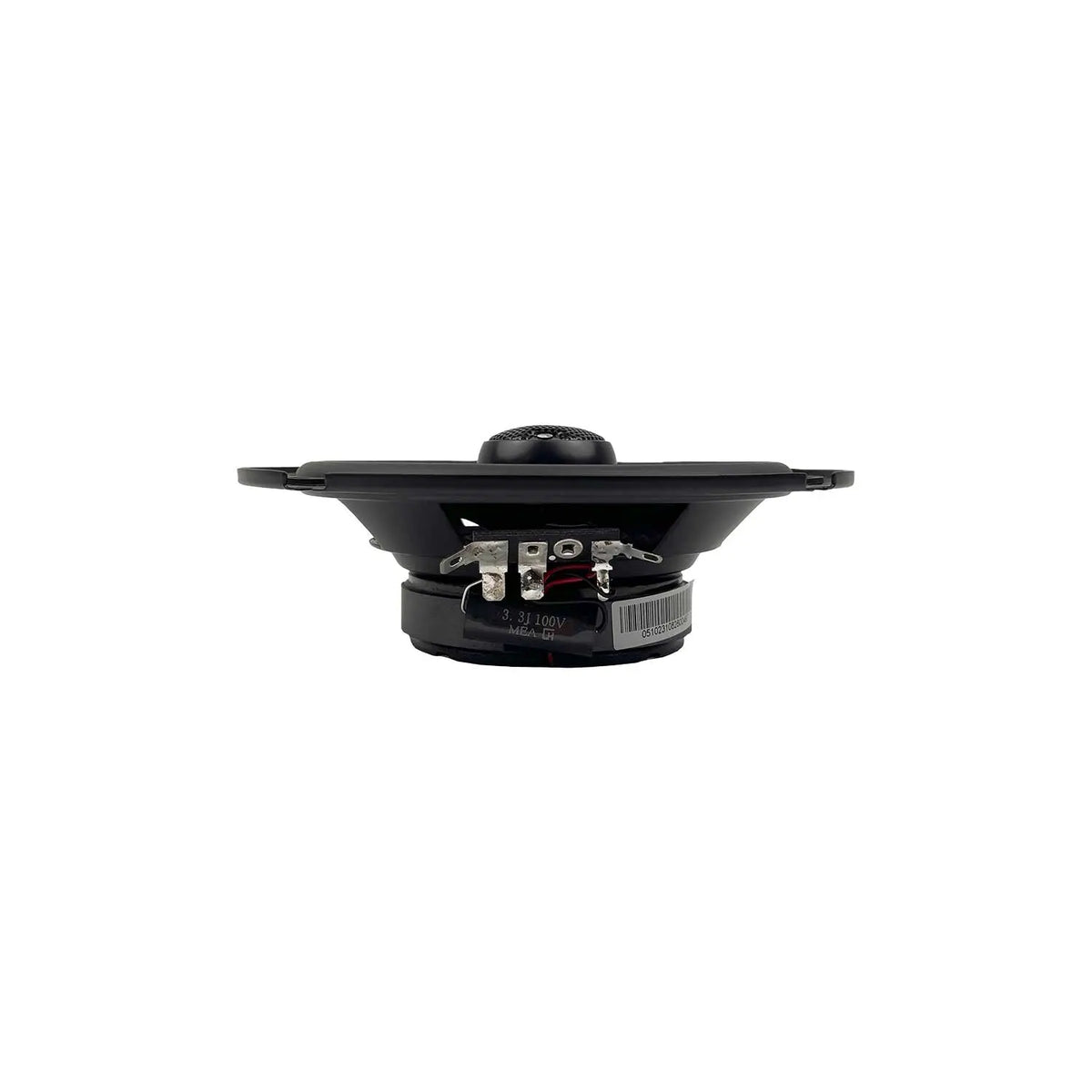 Orion 6.5 in coaxial shallow speaker, black, underside view with wiring