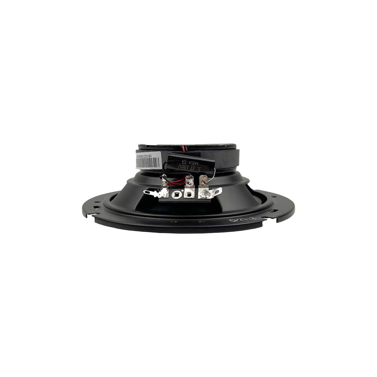 Orion 6.5 in coaxial shallow speaker, black, rear view with terminals