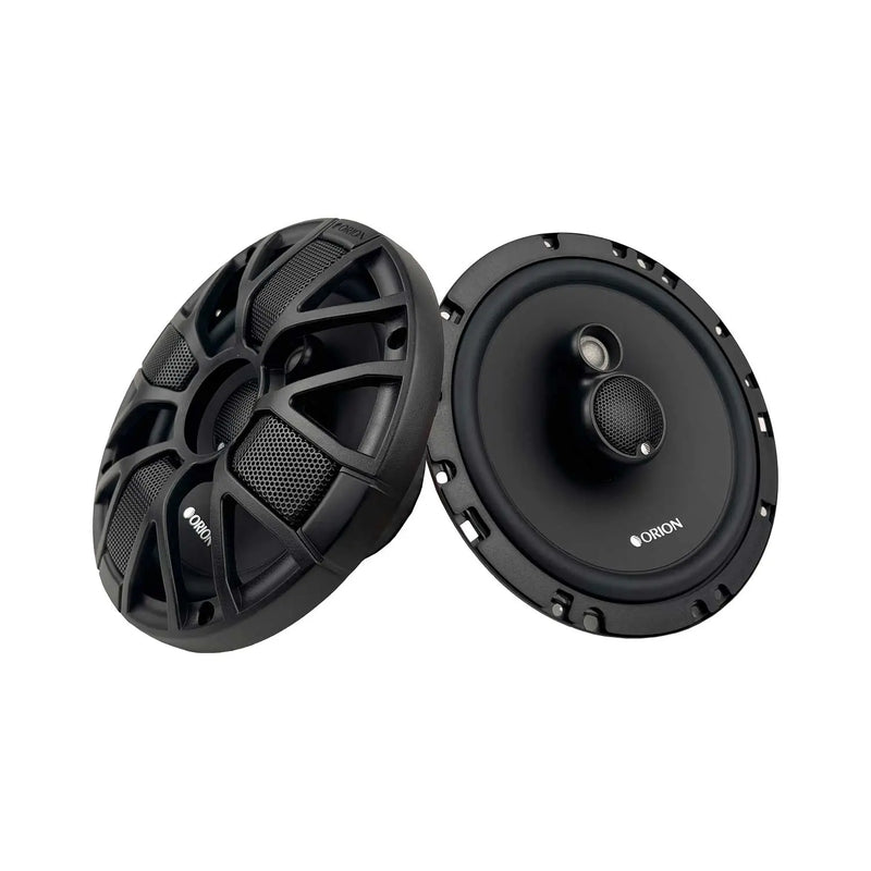 Black 6.5in coaxial speakers, front and rear views with tweeter grilles