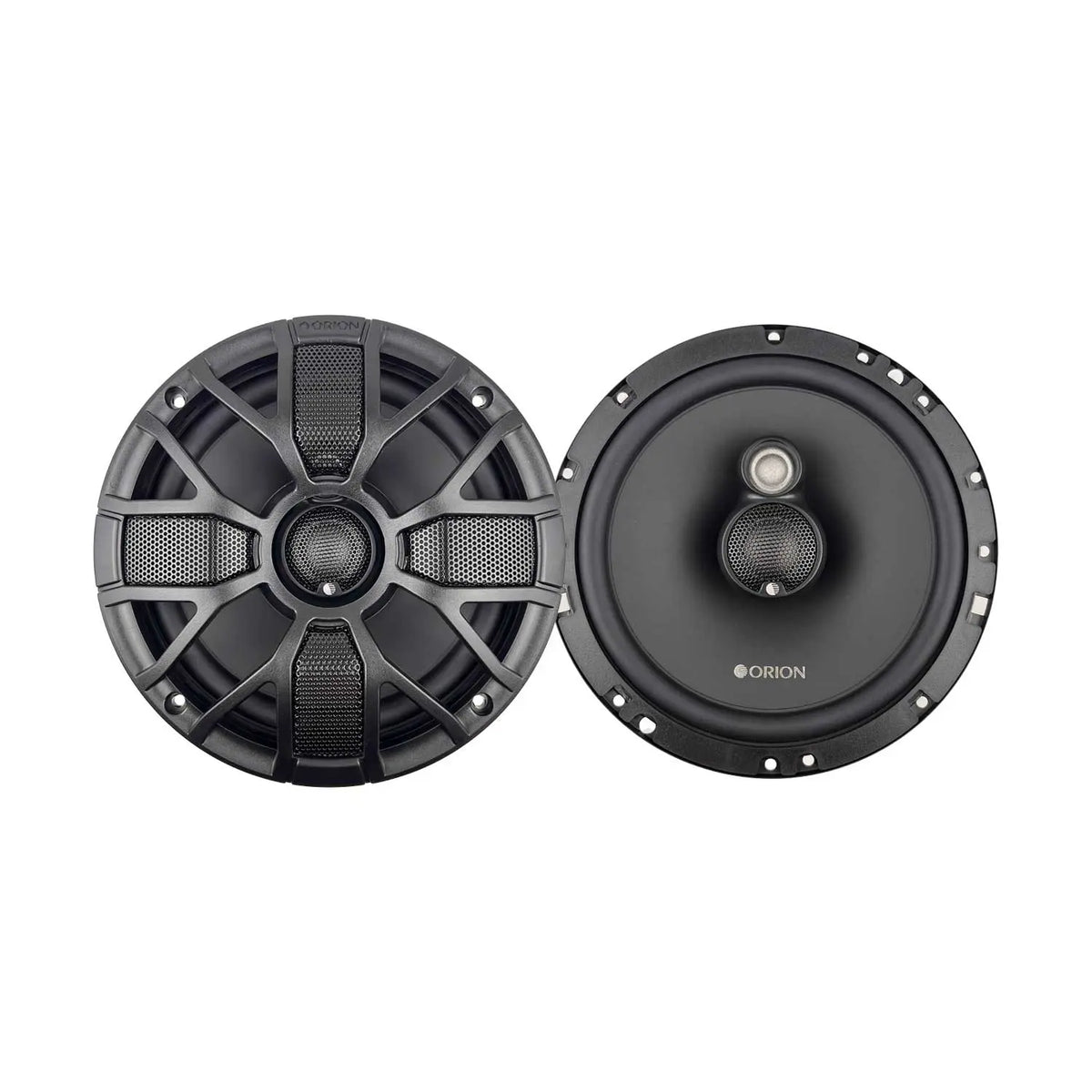 Black 6.5in 3-way coaxial speaker, front and rear drivers with tweeter