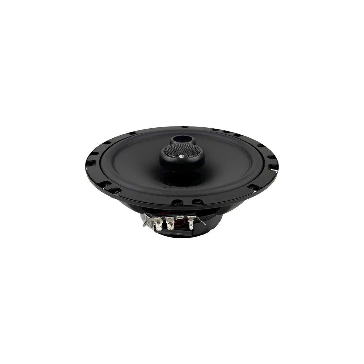 Black 6.5in coaxial speaker, front-mounted tweeter and circular grille