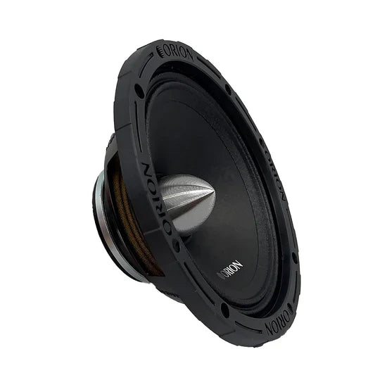 Orion 6.5 in midrange speaker, black frame with silver cone dust cap.
