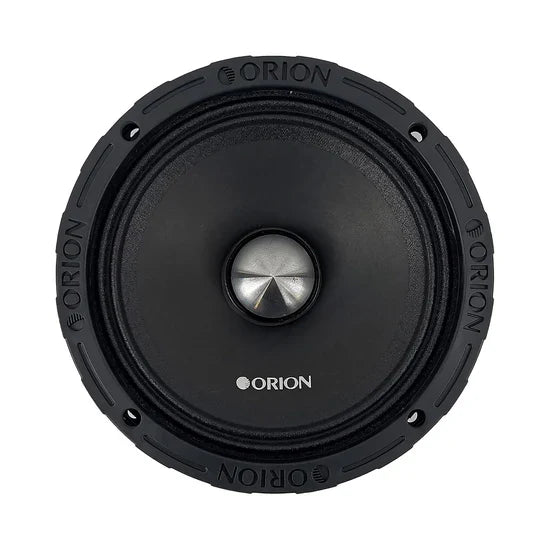 Orion 6.5 in midrange speaker front, black driver with silver center cap.