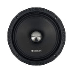 Orion 6.5 in midrange speaker front, black driver with silver center cap.