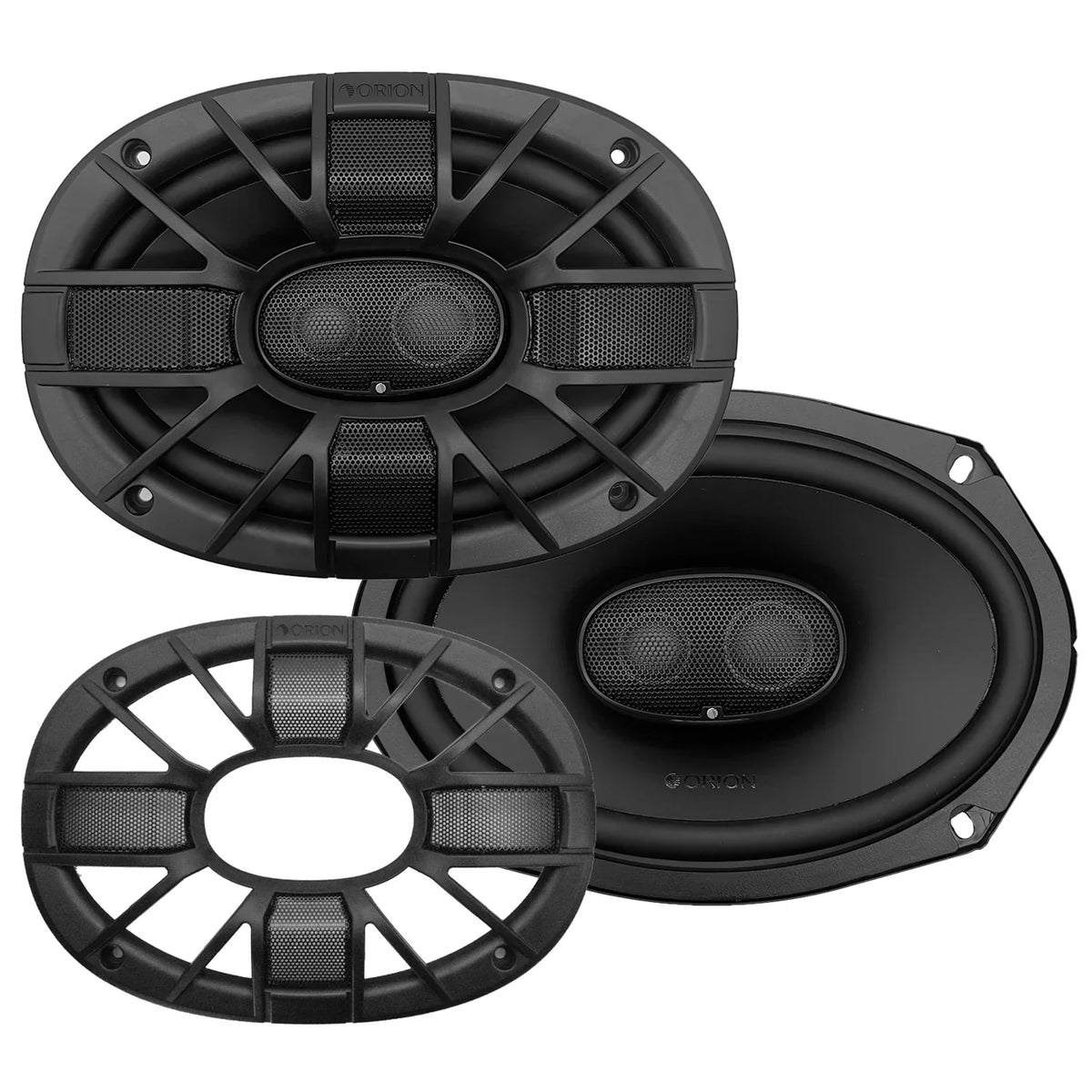 Pair of black 6x9" coaxial car speakers with dual midrange and tweeter grilles