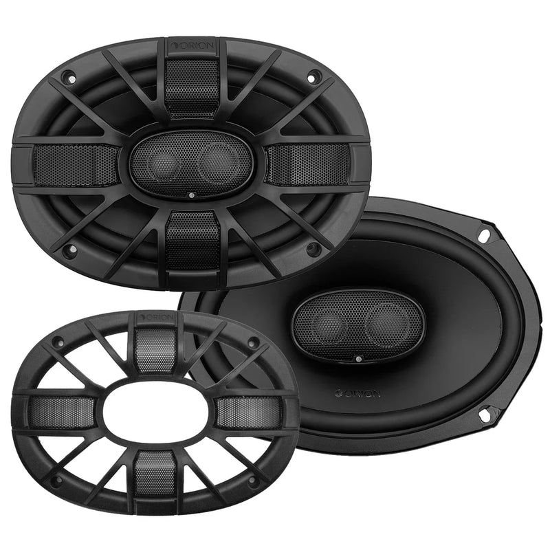 Pair of black 6x9" coaxial car speakers with dual midrange and tweeter grilles