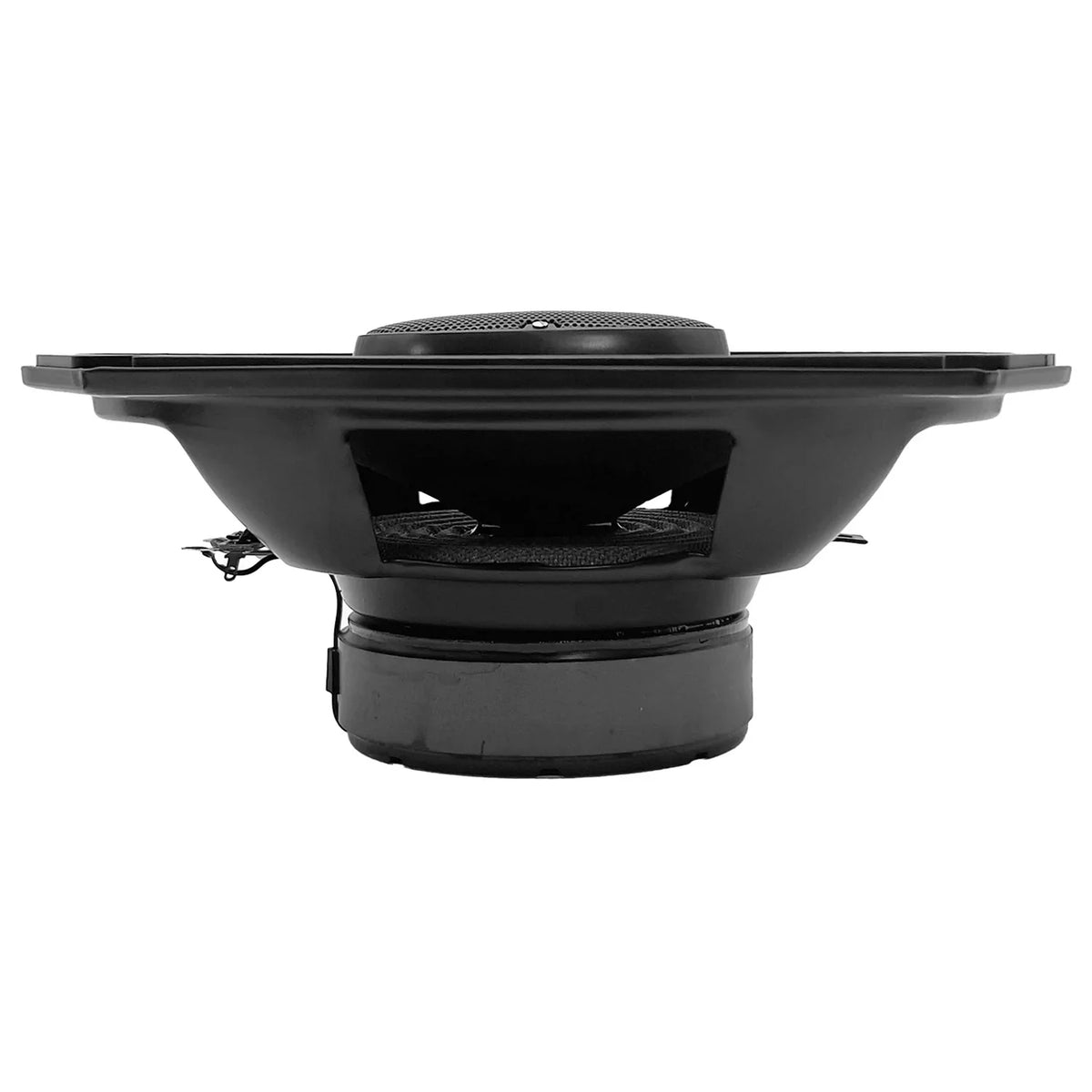 Black coaxial car speaker pair, side profile with mounting ring and front grille