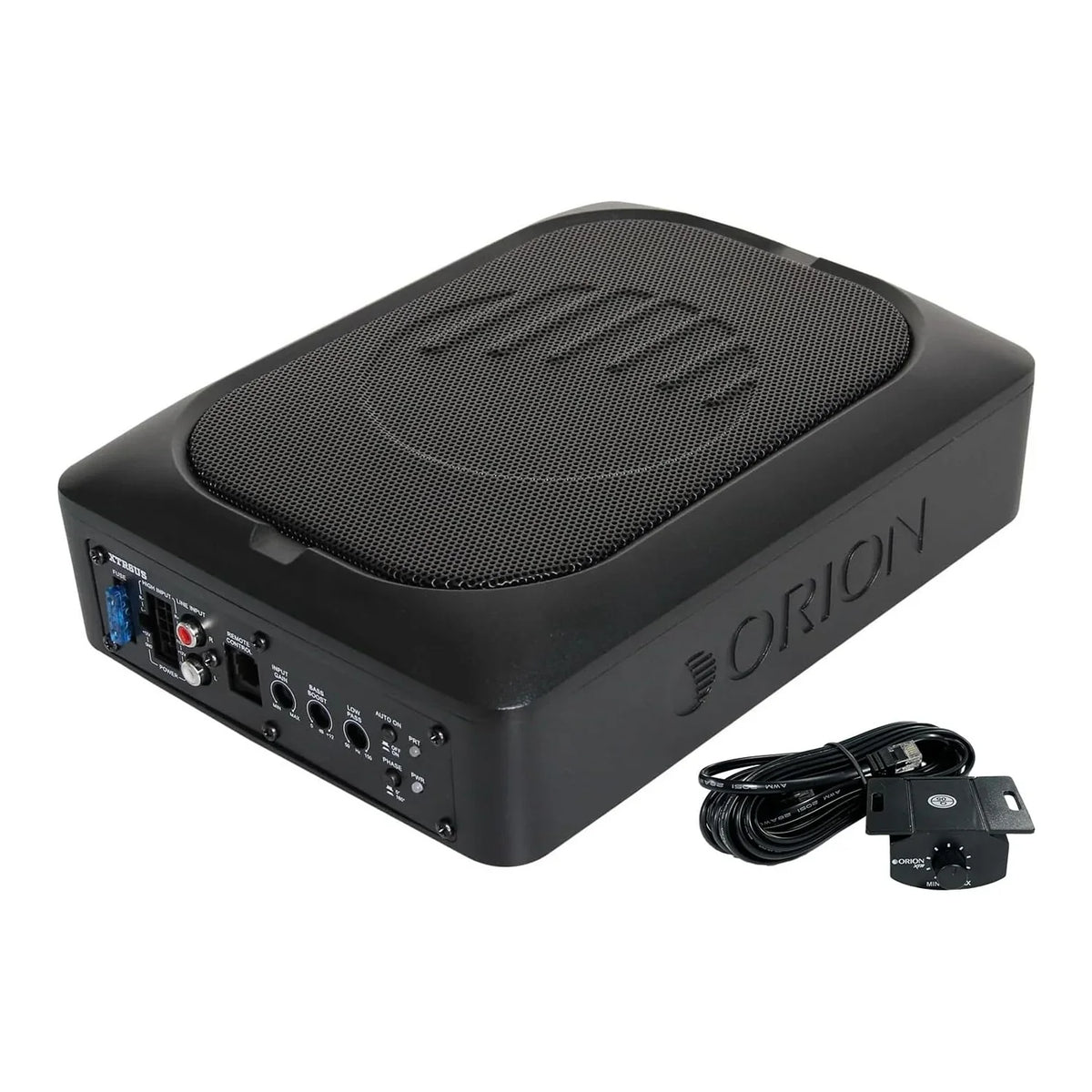 Slim underseat subwoofer with black metal grille and front control panel