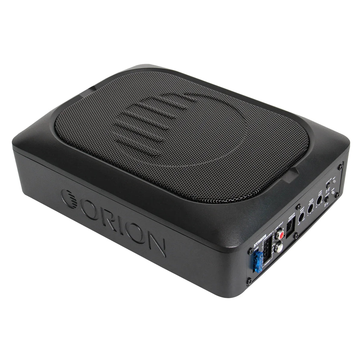 Slim underseat subwoofer angled view with Orion logo and rear connectors