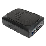 Slim underseat subwoofer angled view with Orion logo and rear connectors