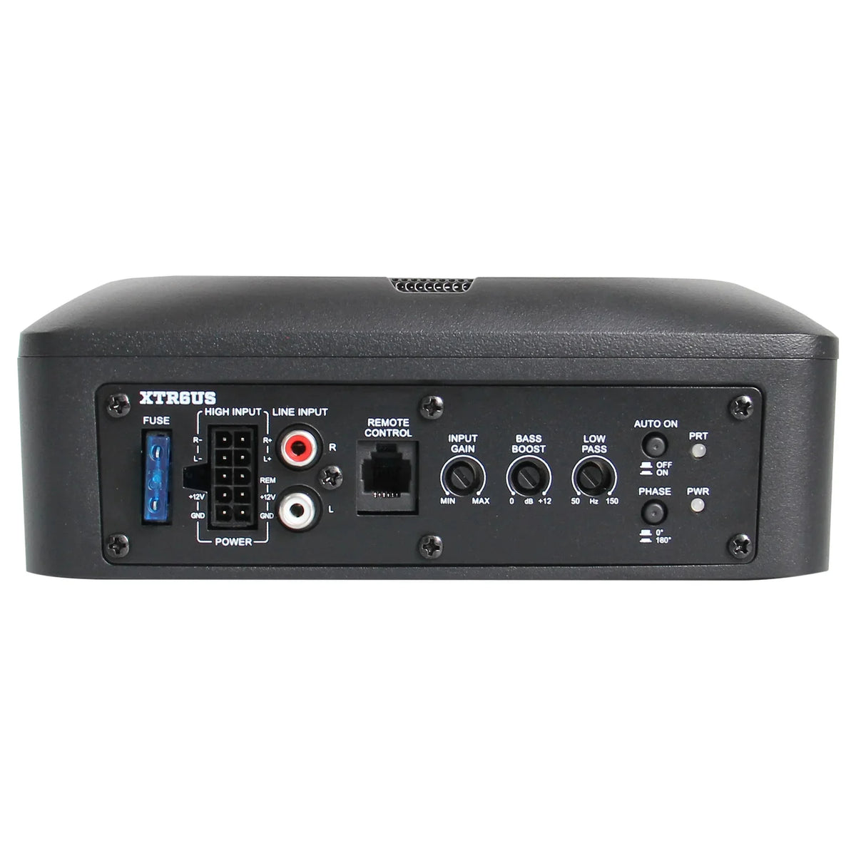 Slim underseat subwoofer rear panel with inputs and control switches